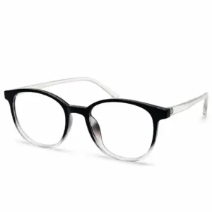OP-0249 solid black to clear gradient Wellington round plastic eyeglasses frame with smooth transparent temples for men and women.