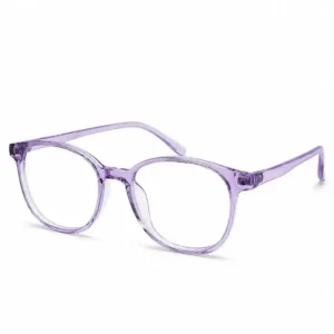 OP-0250 translucent crystal purple round plastic eyeglasses frame with smooth matching temples for men and women.