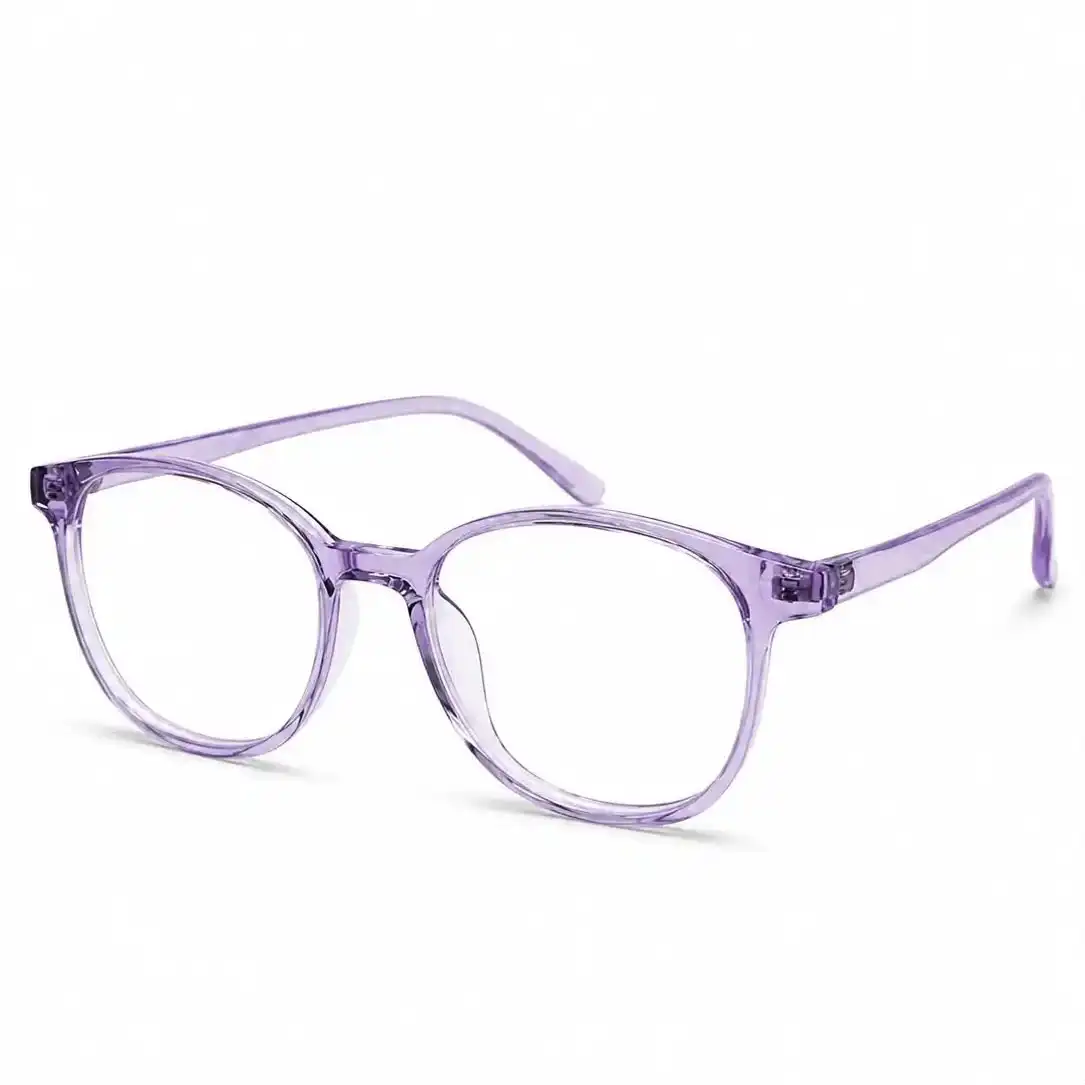 OP-0250 translucent crystal purple round plastic eyeglasses frame with smooth matching temples for men and women.