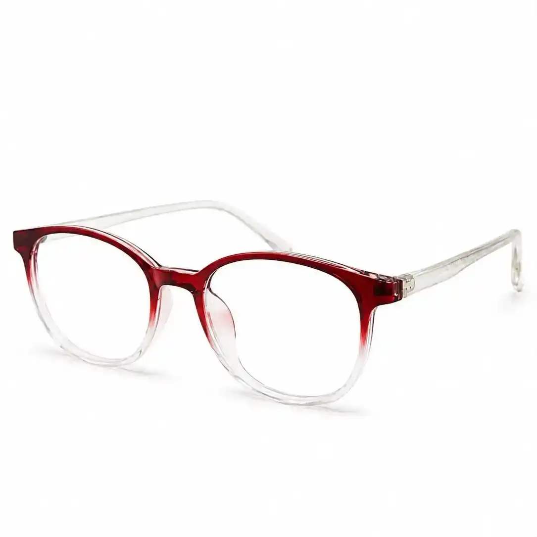 OP-0251 vibrant red to clear gradient Wellington round plastic eyeglasses frame with smooth transparent temples for men and women.