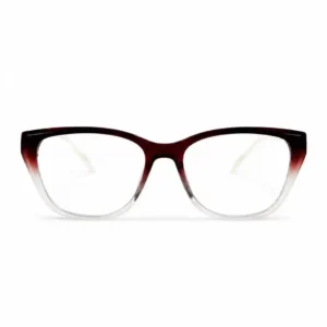 Wine-to-clear gradient cat-eye full-rim frame with a sharp angular shape, a bold daily eyeglasses option for women.