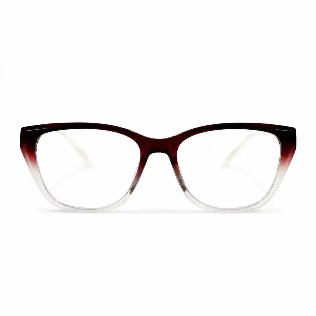 Wine-to-clear gradient cat-eye full-rim frame with a sharp angular shape, a bold daily eyeglasses option for women.