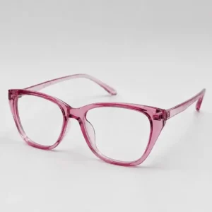 Translucent pink cat-eye full-rim frame with a pointed upper edge, a stylish daily eyeglasses option for women.