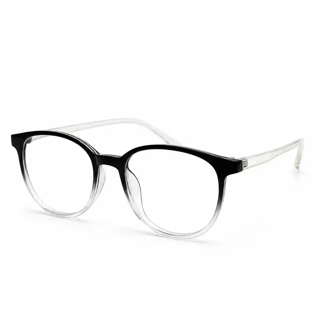 Black-to-clear gradient round spectacles with a full acetate rim, a versatile daily wear frame for men & women.