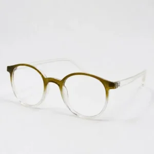 Olive-to-clear gradient round eyeglasses with a full acetate rim, ideal daily wear spectacles for men & women.