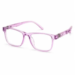 OP-0263 translucent crystal purple rectangular square plastic eyeglasses frame with ridged textured temples for kids, boys, and girls.