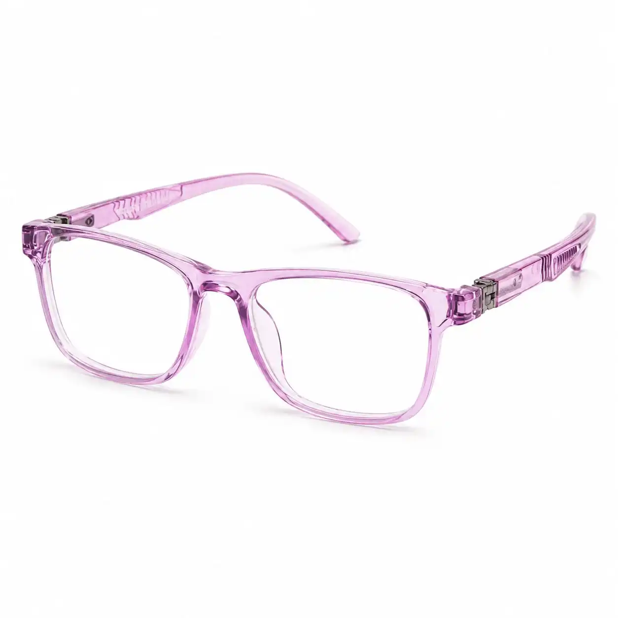 OP-0263 translucent crystal purple rectangular square plastic eyeglasses frame with ridged textured temples for kids, boys, and girls.