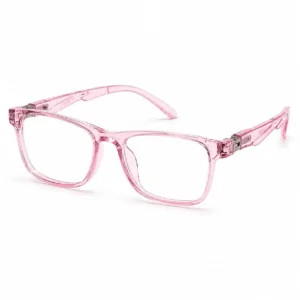 OP-0265 translucent crystal pink rectangular square plastic eyeglasses frame with textured temples for kids, boys, and girls.