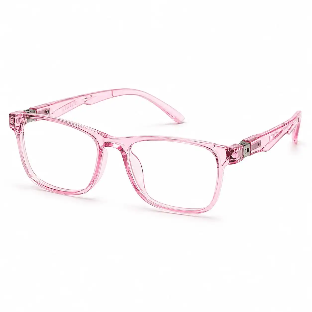 OP-0265 translucent crystal pink rectangular square plastic eyeglasses frame with textured temples for kids, boys, and girls.