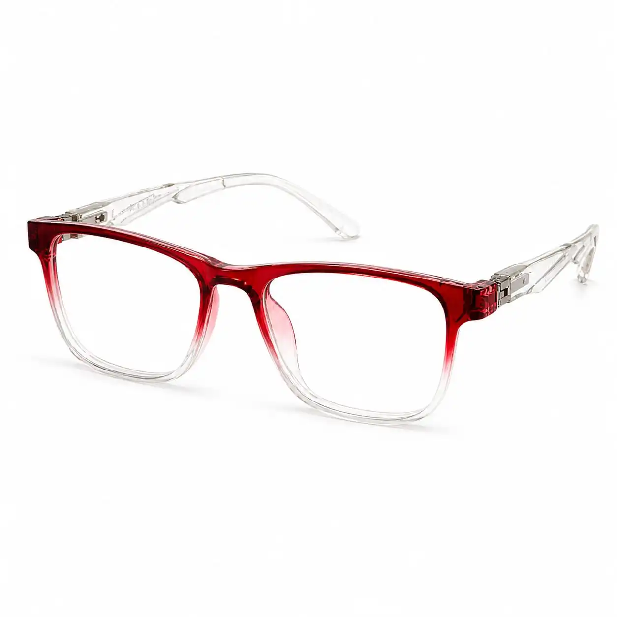 OP-0266 vibrant red to clear gradient rectangular square plastic eyeglasses frame with clear textured temples for kids, boys, and girls.