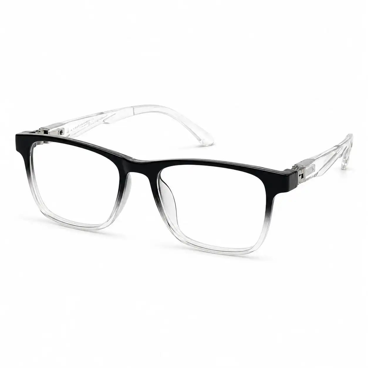 OP-0267 black to clear gradient rectangular square plastic eyeglasses frame with transparent textured temples for kids, boys, and girls.