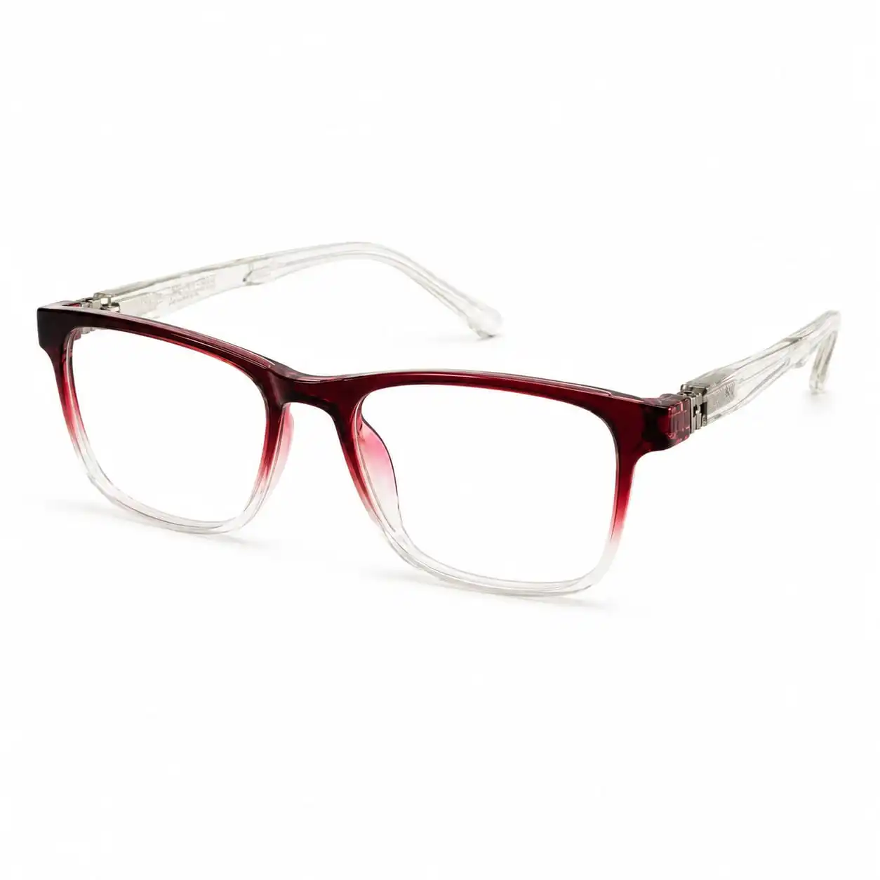OP-0268 deep wine red to clear gradient rectangular square plastic eyeglasses frame with clear textured temples for kids, boys, and girls.