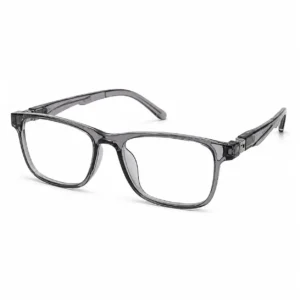 OP-0269 translucent smoke grey rectangular square plastic eyeglasses frame with textured temples for kids, boys, and girls.