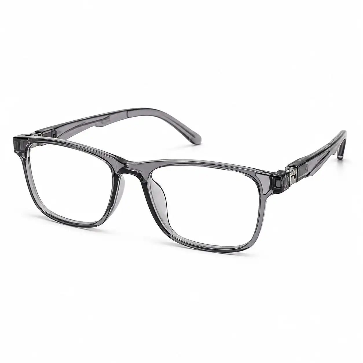 OP-0269 translucent smoke grey rectangular square plastic eyeglasses frame with textured temples for kids, boys, and girls.