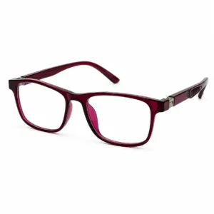 OP-0270 translucent deep wine red rectangular square plastic eyeglasses frame with textured ridged temples for kids, boys, and girls.