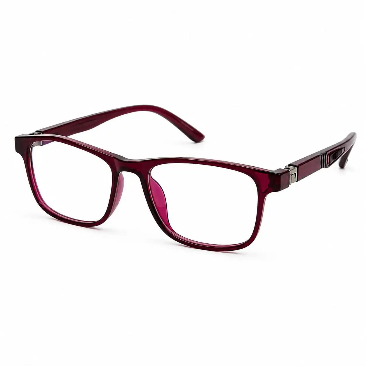 OP-0270 translucent deep wine red rectangular square plastic eyeglasses frame with textured ridged temples for kids, boys, and girls.