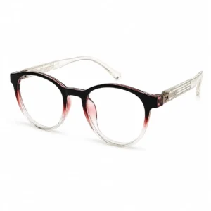 OP-0271 deep wine red to clear gradient circular round plastic eyeglasses frame with clear textured temples for kids, boys, and girls.