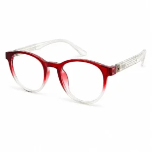 OP-0273 vibrant red to clear gradient round plastic eyeglasses frame with textured transparent temples for kids, boys, and girls.