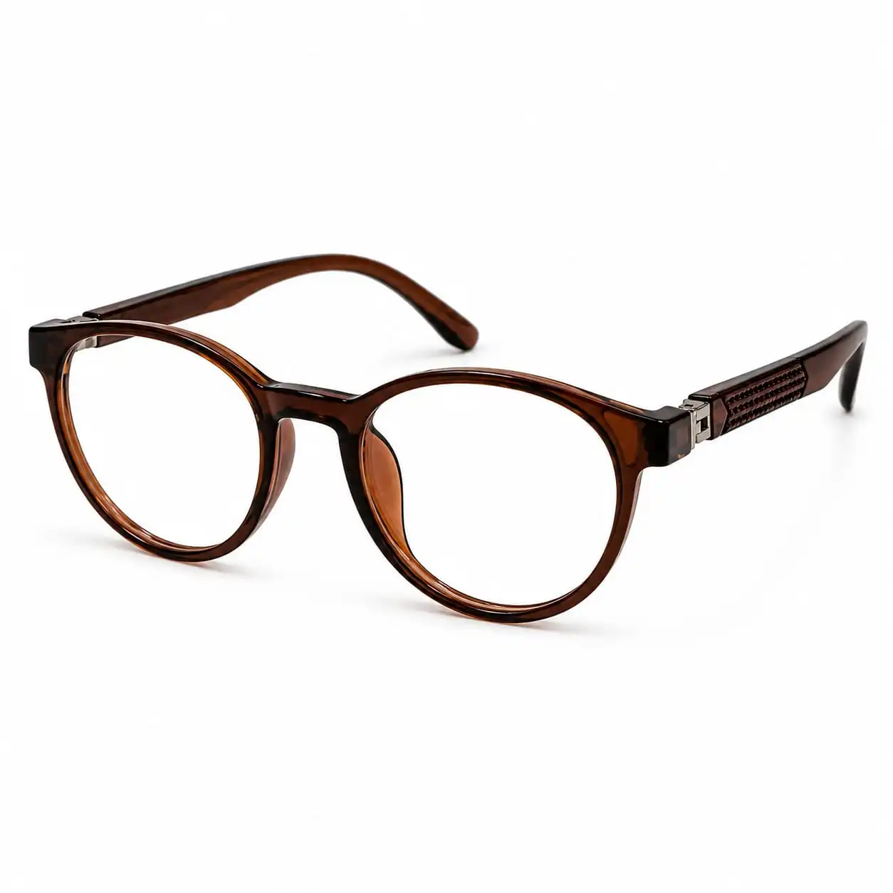 OP-0274 translucent dark chocolate brown circular round plastic eyeglasses frame with textured ridged temples for kids, boys, and girls.