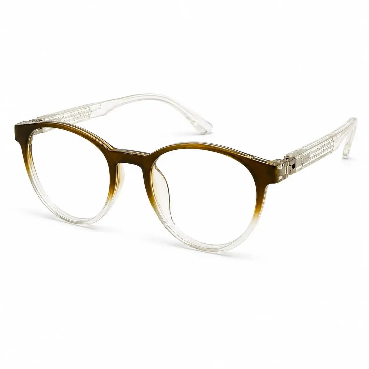 OP-0275 translucent olive green to clear gradient round plastic eyeglasses frame with textured clear temples for kids, boys, and girls.