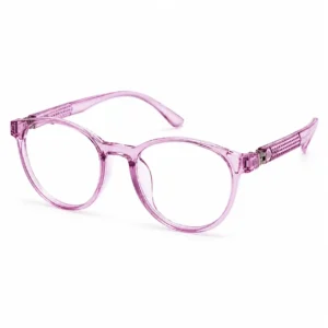 OP-0276 translucent crystal pink circular round plastic eyeglasses frame with textured grid temples for kids, boys, and girls.
