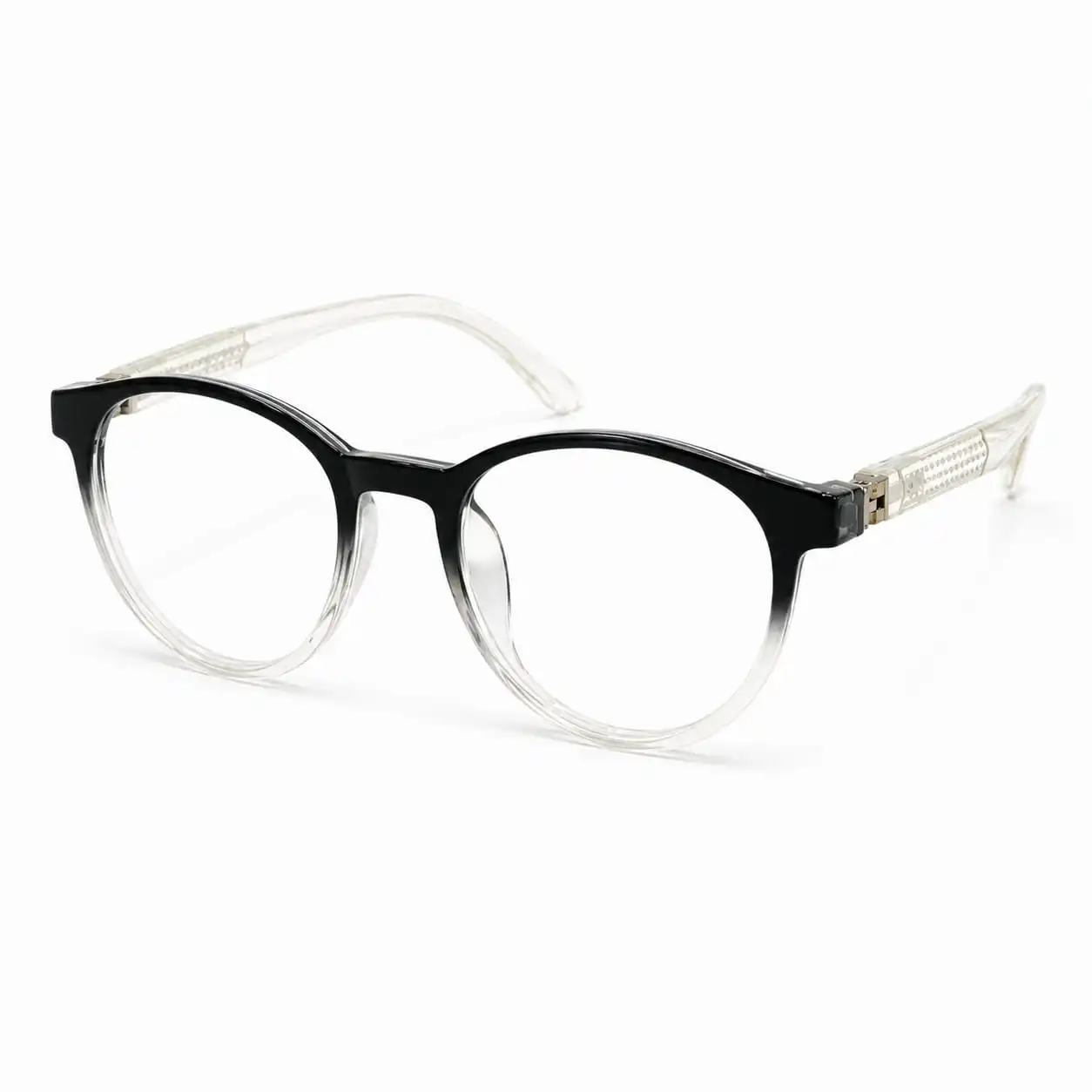 OP-0277 black to clear gradient round plastic eyeglasses frame with textured transparent temples for kids, boys, and girls.