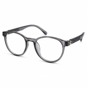 OP-0278 translucent smoke grey round circular plastic eyeglasses frame with textured grid temples for kids, boys, and girls.