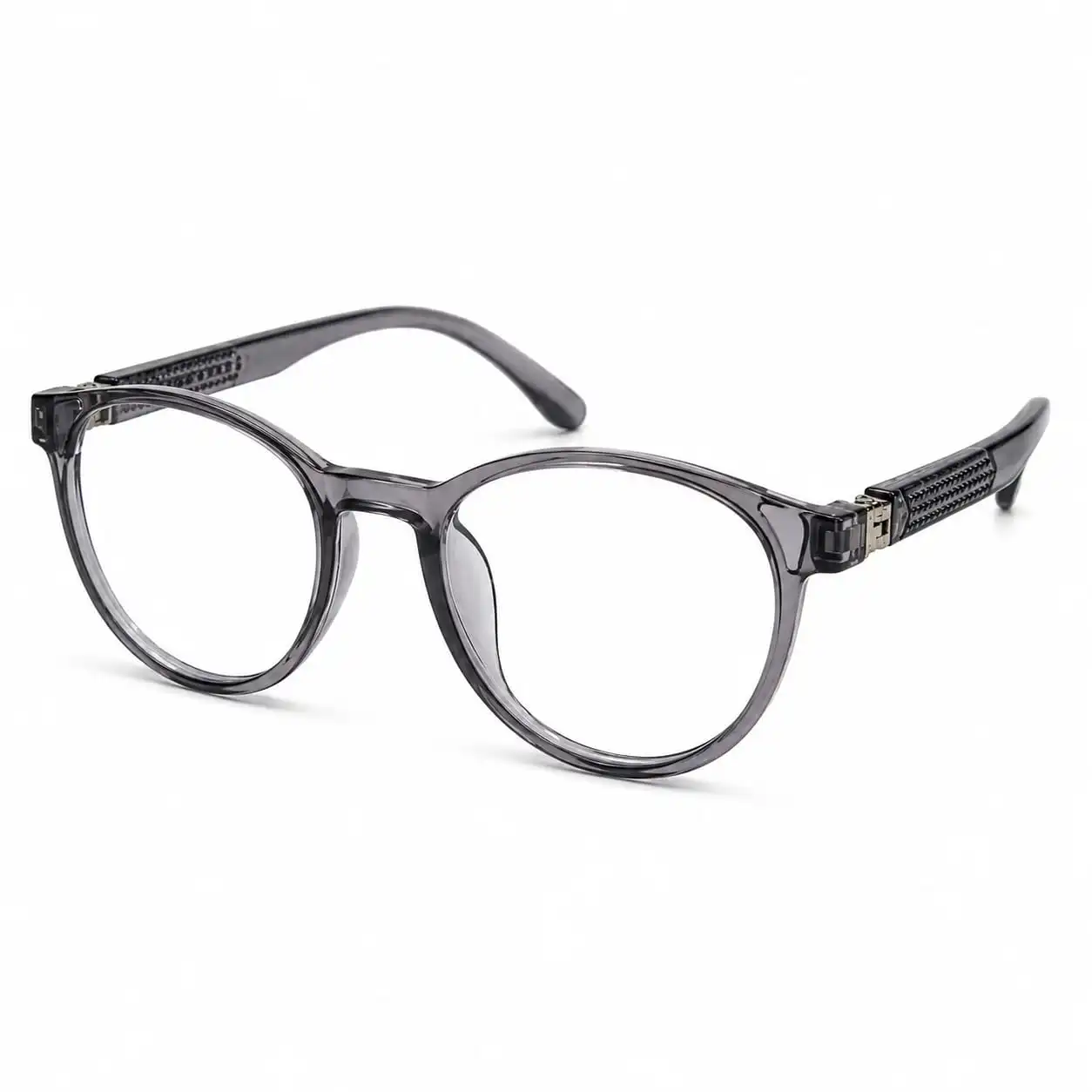 OP-0278 translucent smoke grey round circular plastic eyeglasses frame with textured grid temples for kids, boys, and girls.