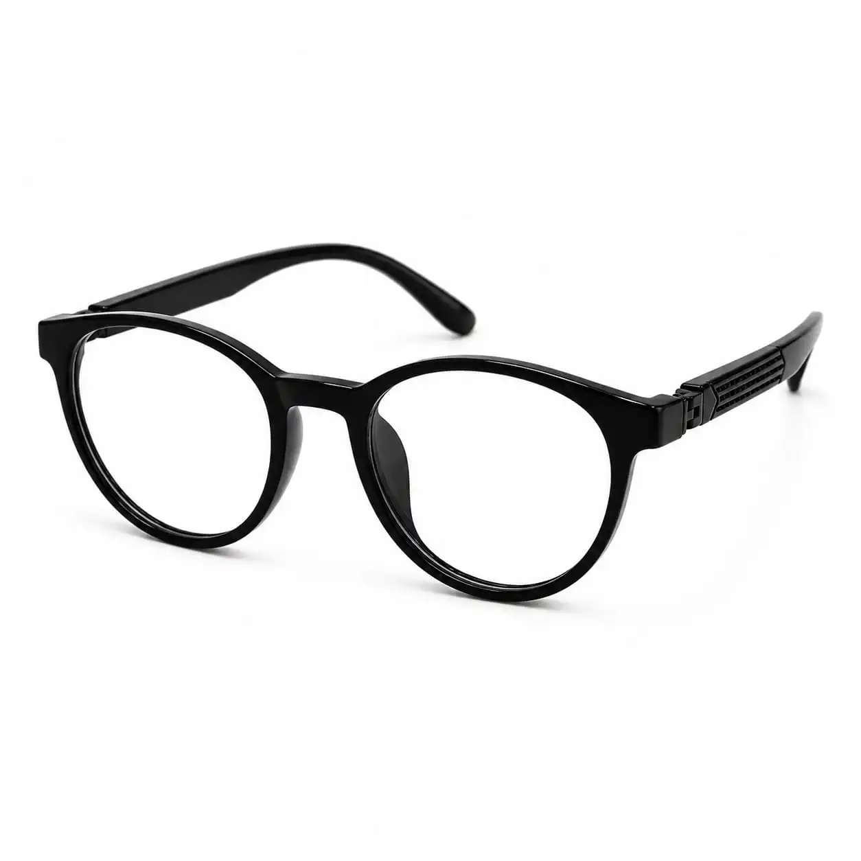 OP-0279 glossy black circular round plastic eyeglasses frame with textured ridged temples for kids, boys, and girls.