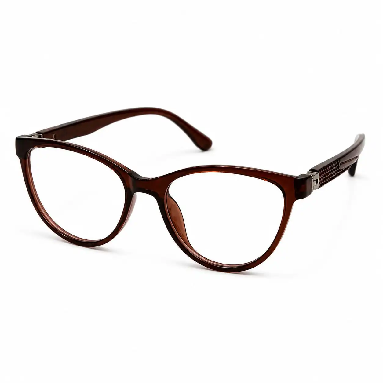 OP-0280 translucent dark chocolate brown soft oval rectangular plastic eyeglasses frame with textured grid temples for kids, boys, and girls.