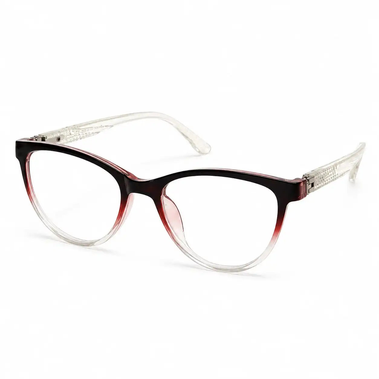 OP-0281 deep wine red to clear gradient soft oval rectangular plastic eyeglasses frame with textured clear temples for kids, boys, and girls.