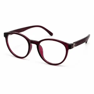 OP-0282 translucent deep wine red soft oval round plastic eyeglasses frame with textured ridged temples for kids, boys, and girls.