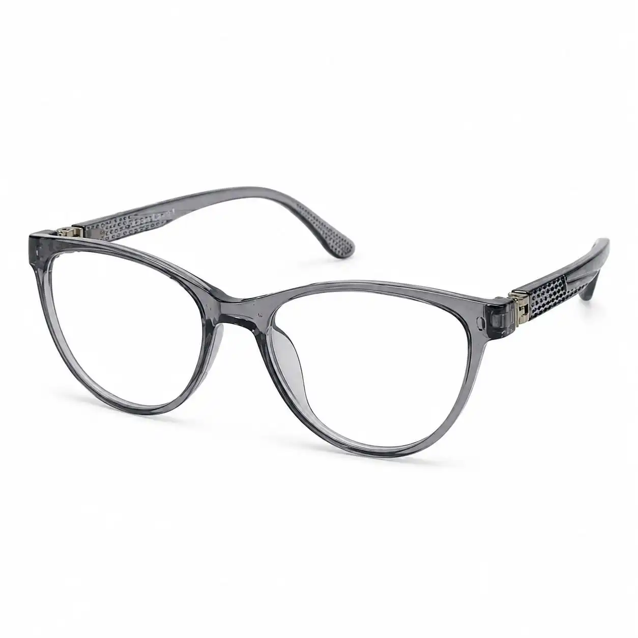 OP-0283 translucent smoke grey soft oval rectangular plastic eyeglasses frame with textured grid temples for kids, boys, and girls.