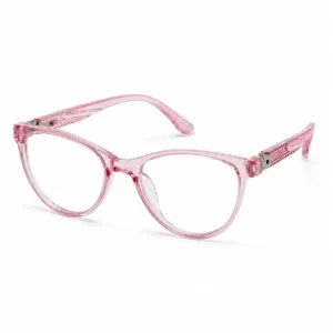 OP-0284 translucent crystal pink soft oval rectangular plastic eyeglasses frame with textured grid temples for kids, boys, and girls.