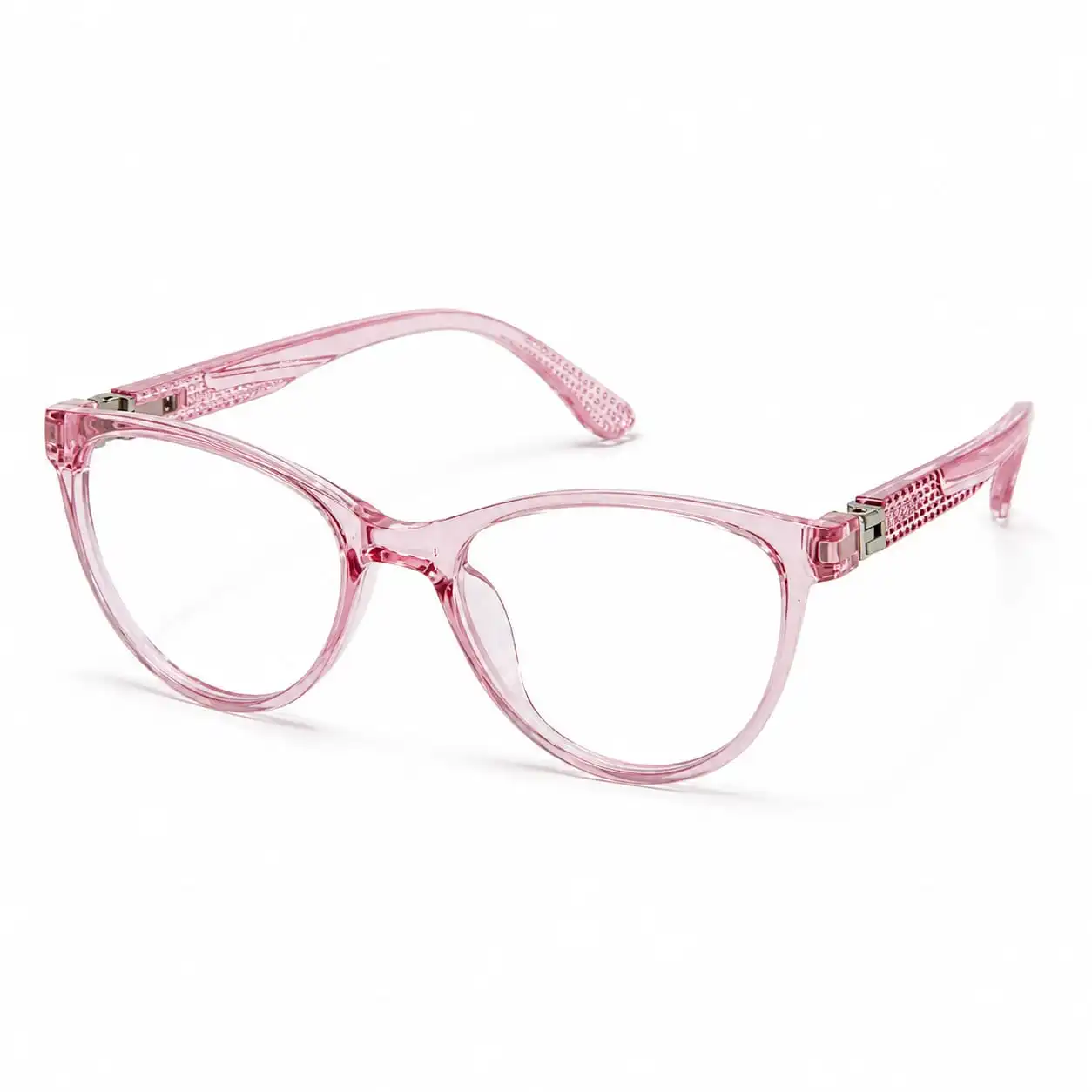 OP-0284 translucent crystal pink soft oval rectangular plastic eyeglasses frame with textured grid temples for kids, boys, and girls.