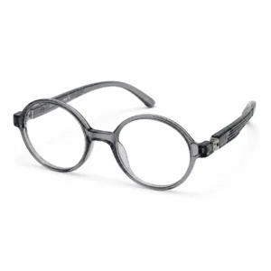 OP-0289 translucent smoke grey circular round plastic eyeglasses frame with textured temples for kids, boys, and girls.