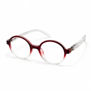 OP-0291 crimson red to clear gradient circular round plastic eyeglasses frame with transparent core-wire temples for kids, boys, and girls.