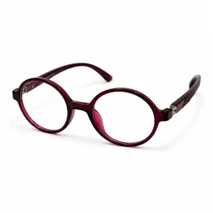 OP-0292 translucent deep wine red circular round plastic eyeglasses frame with ridged textured temples for kids, boys, and girls.
