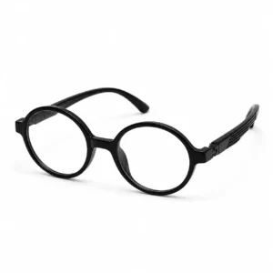 OP-0293 glossy jet black circular round plastic eyeglasses frame with ridged textured temples for kids, boys, and girls.