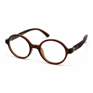 OP-0294 translucent amber brown round plastic eyeglasses frame with textured temples for kids, boys, and girls.