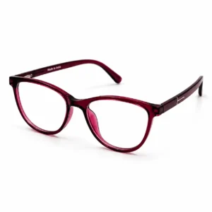 OP-0297 translucent deep magenta wine soft oval rectangular plastic eyeglasses frame with silver T-hinge details for women.