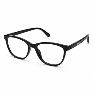 OP-0298 classic glossy jet black soft oval rectangular plastic eyeglasses frame with silver T-hinge details for Men.