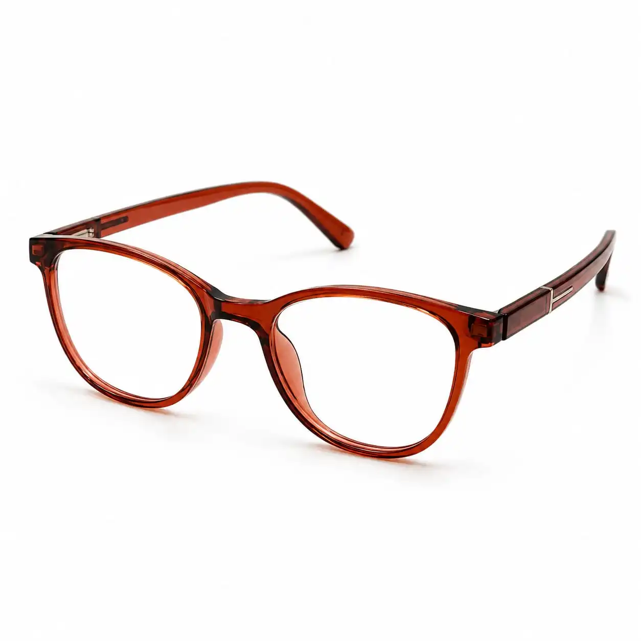 OP-0300 translucent amber brown soft oval rectangular plastic eyeglasses frame with silver T-hinge details for women.