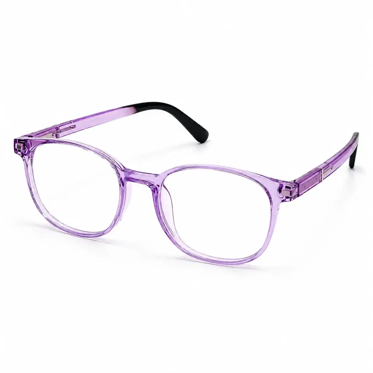 OP-0301 translucent crystal lavender purple soft oval rectangular plastic eyeglasses frame with silver temple accents for women.