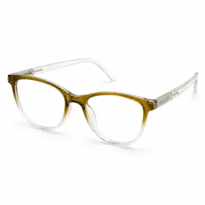 OP-0302 translucent olive green to clear gradient soft oval rectangular plastic eyeglasses frame with transparent core-wire temples.