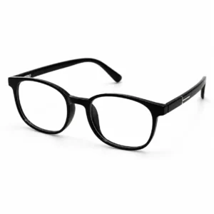 OP-0303 classic glossy jet black soft oval rectangular plastic eyeglasses frame with silver T-hinge details for Men.