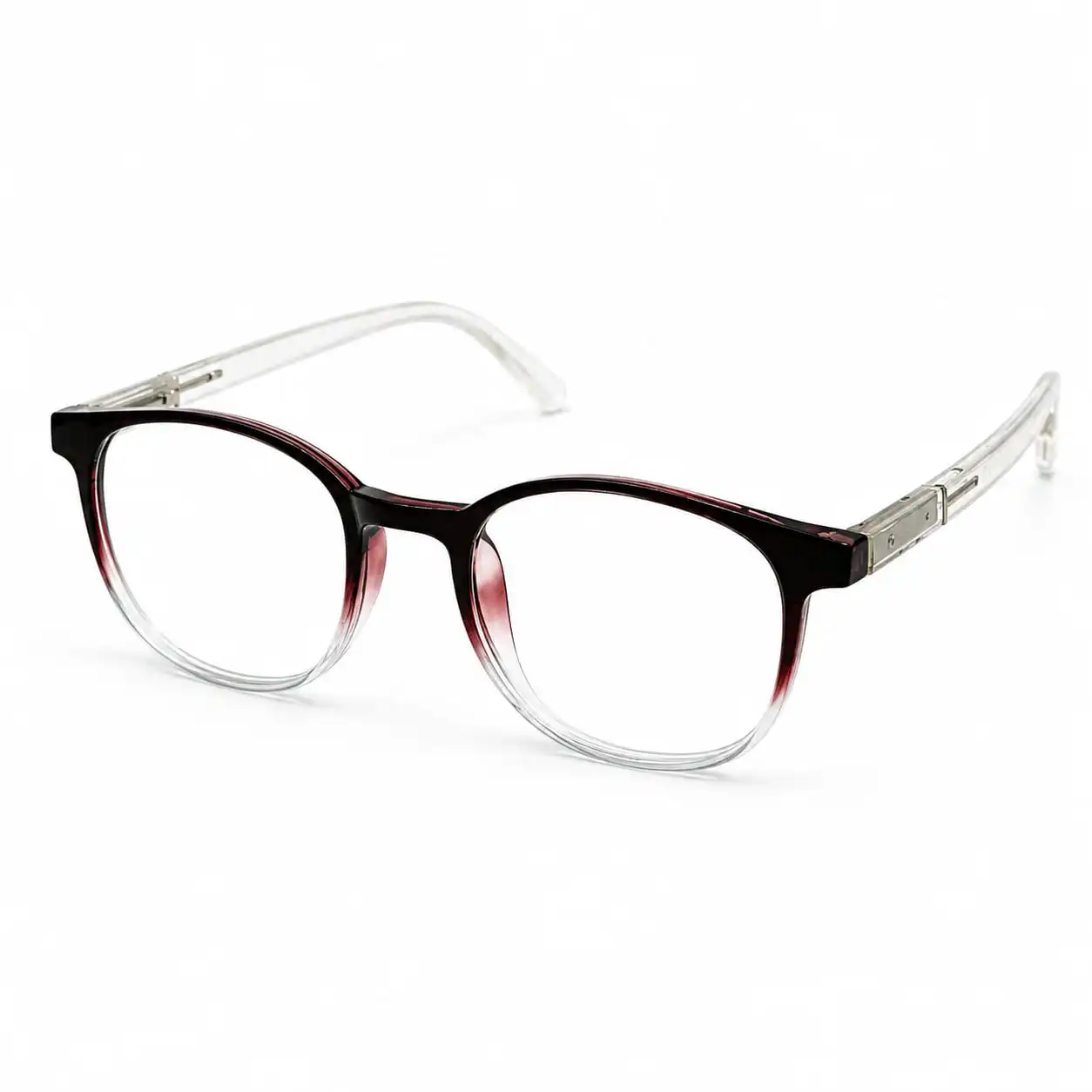 OP-0304 deep burgundy wine to clear gradient soft oval rectangular plastic eyeglasses frame with clear core-wire temples for women.