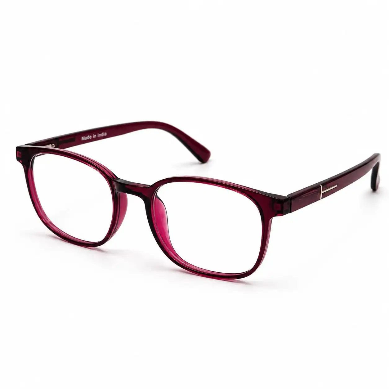 OP-0305 translucent deep magenta pink soft oval rectangular plastic eyeglasses frame with silver T-hinge accents for women.