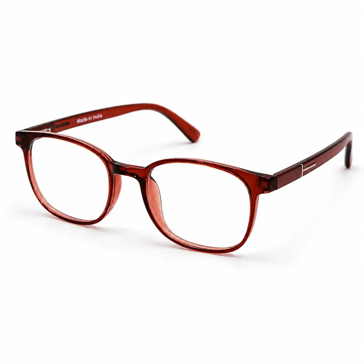 OP-0307 translucent crimson red soft oval rectangular plastic eyeglasses frame with metallic T-bar temple accents for women.