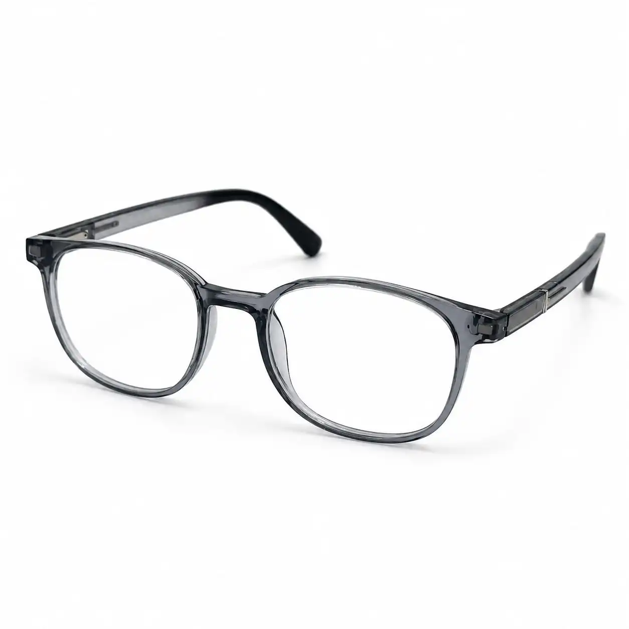 OP-0308 sleek translucent grey soft oval rectangular plastic eyeglasses frame with silver temple accents for Men.